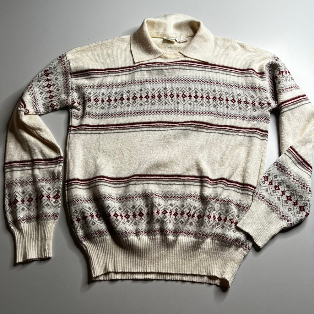 Vintage By Bernini Italy Mens Medium Fair Isle Knit Polo Sweater Cream Burgundy